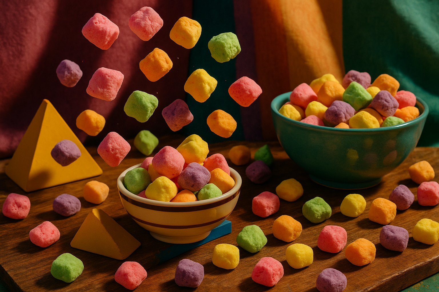 generate a picture of freeze dried hi chew candies that are light and airy and colorful in an eclectic setting ohoto shoot